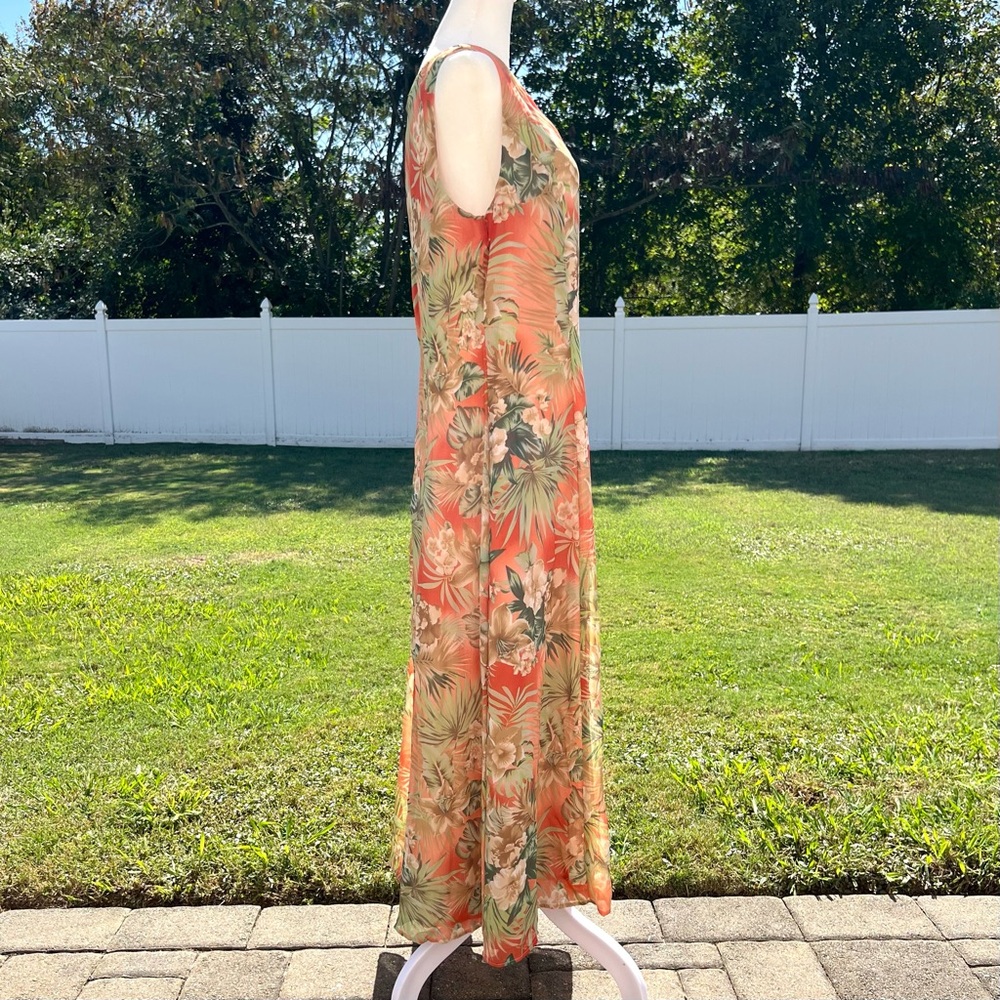 Danny & Nicole Peach Maxi Dress with Beige and Green Tropical Print Sz 16 - Picture 5 of 15